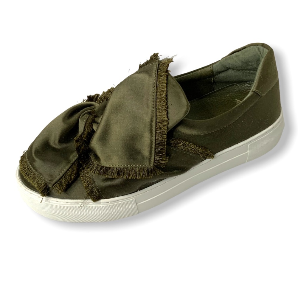 J/SLIDES Genuine Leather Olive Azzura Satin Bow Platform Slip On Sneakers Sz 7